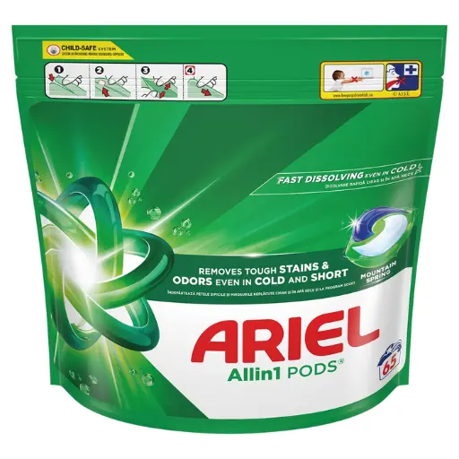 [P010361] ARIEL All in One Pods Mountain Spring, detergent automat de rufe, capsule, 65 buc