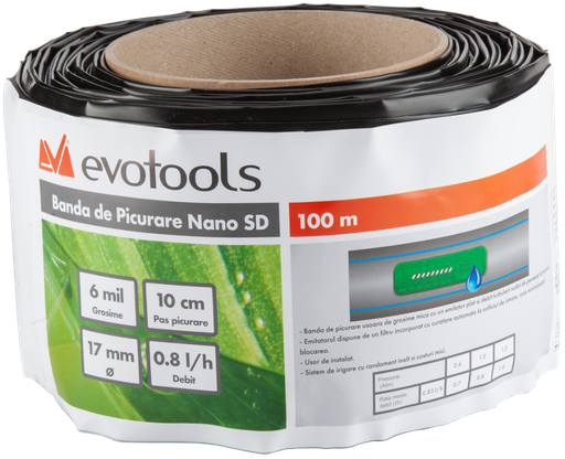 [P004247] Banda de irigare NANO SD prin picurare, 0.8 l/h, distanța de 10 cm, D 17 mm, 100 ml