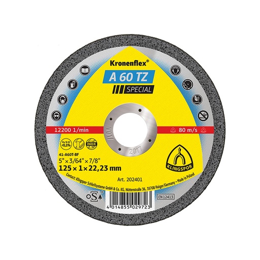 [P004725] Disc de tăiere KLINGSPOR A 60 TZ Special plat 202401 pentru inox, oțel, 125x1mm