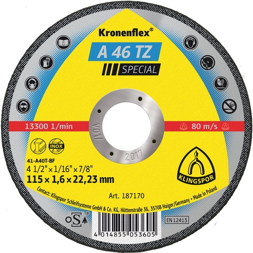 [P005172] Disc debitare Klingspor A46TZ SP, 115x1,6x22mm, taiere inox