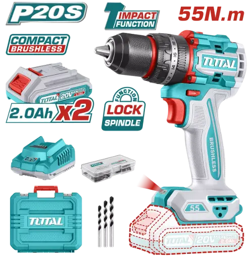 [P000348] Mașină de găurit și înșurubat TOTAL 20 V incl. cutie + 2 acumulatori Li-Ion 2.0Ah + 1 incarcator