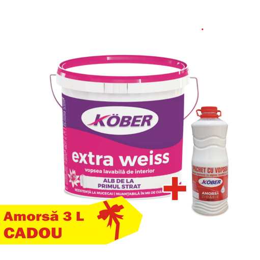 [P000932] Vopsea lavabilă pentru interior Kober Extra Weiss albă, 15 l + amorsă 3 l gratis