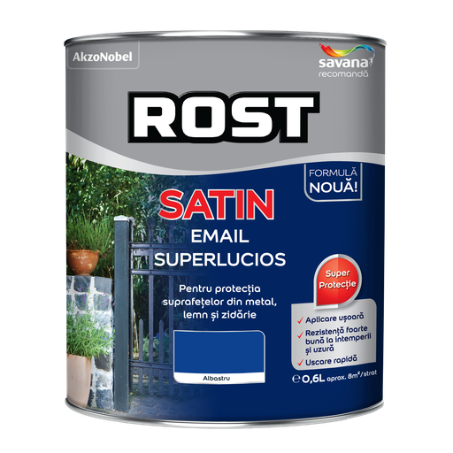 [P002842] Vopsea alchidică pentru lemn/metal Rost Satin interior/exterior albastru, 0.6 l