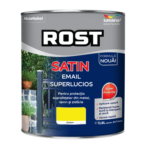 [P002847] Vopsea alchidică pentru lemn/metal Rost Satin interior/exterior galben, 0.6 l