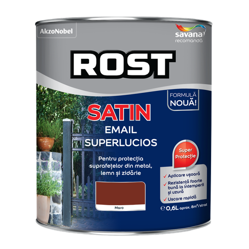 [P002851] Vopsea alchidică pentru lemn/metal Rost Satin interior/exterior maro, 0.6 l
