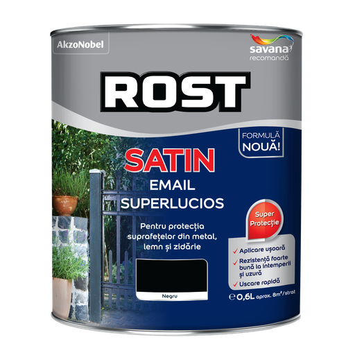 [P002853] Vopsea alchidică pentru lemn/metal Rost Satin interior/exterior negru, 0.6 l