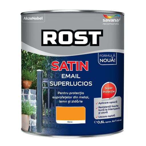 [P002855] Vopsea alchidică pentru lemn/metal Rost Satin interior/exterior ocru, 0.6 l