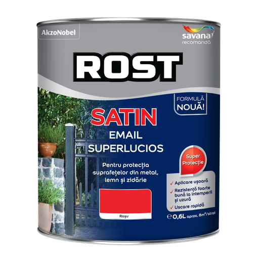 [P002856] Vopsea alchidică pentru lemn/metal Rost Satin interior/exterior roșu, 0.6 l