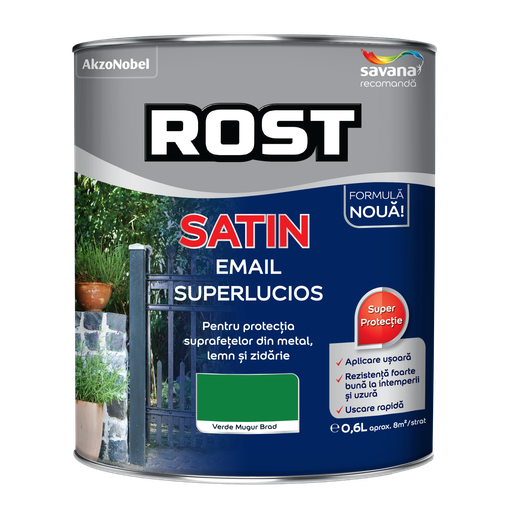 [P002858] Vopsea alchidică pentru lemn/metal Rost Satin interior/exterior verde mugur de brad, 0.6 l
