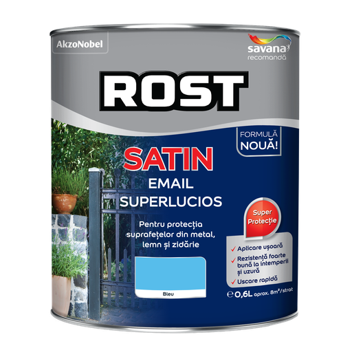 [P002843] Vopsea alchidică pentru lemn/metal Rost Satin interior/exterior bleu, 0.6 l
