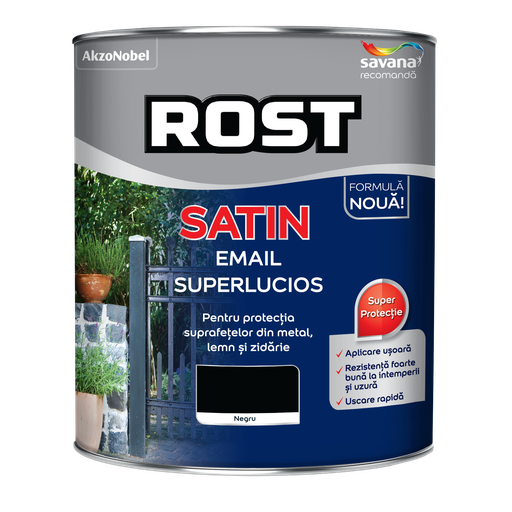[P002854] Vopsea alchidică superlucioasă pentru lemn si metal ROST SATIN interior/exterior negru, 4 l