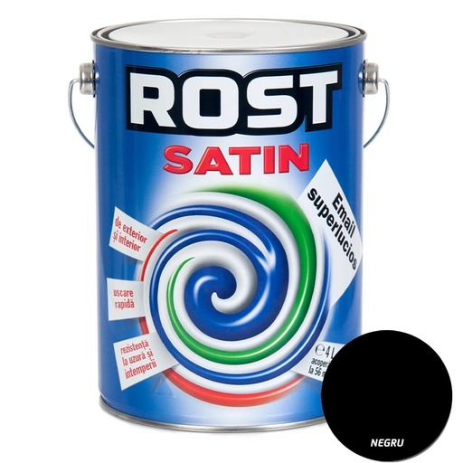 [P002854] Vopsea alchidică superlucioasă pentru lemn si metal ROST SATIN interior/exterior negru, 4 l