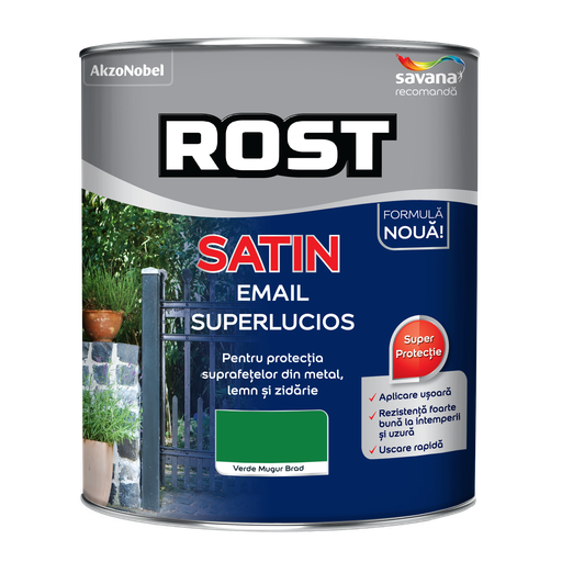 [P002859] Vopsea alchidică superlucioasă pentru lemn si metal ROST SATIN interior/exterior verde mugur de brad, 4 l