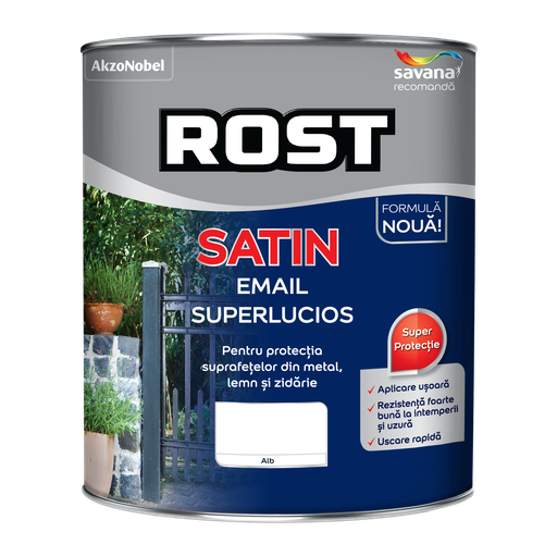 [P002841] Vopsea alchidică superlucioasă pentru lemn si metal ROST SATIN interior/exterior alb, 4 l