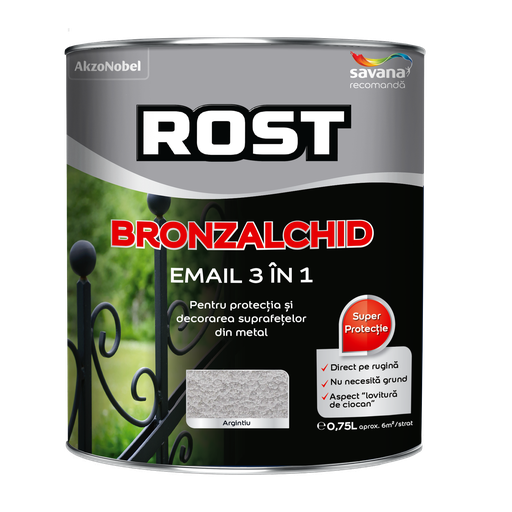 [P002864] Email Rost Bronzalchid 3 în 1 pentru metal cu efect de lovitură de ciocan argintiu, 0.75 l