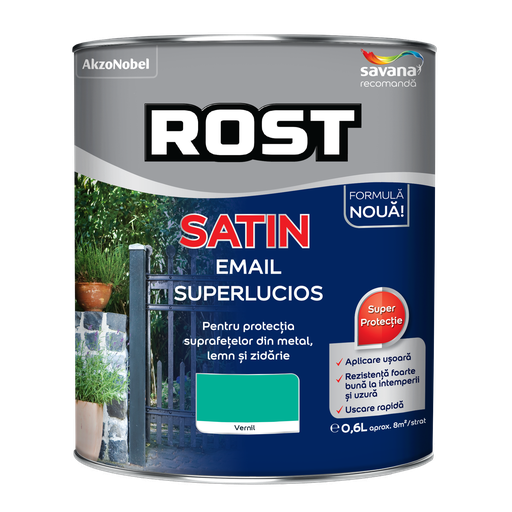 [P000951] Vopsea alchidică pentru lemn/metal Rost Satin interior/exterior vernil, 0.6 l