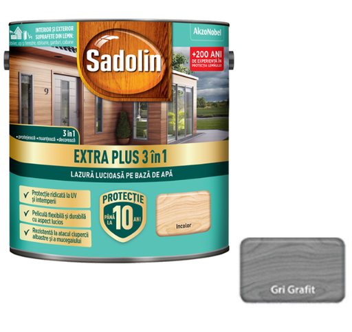 [P001004] Sadolin EXTRA PLUS 3în1-lazura lucioasă pentru lemn pe bază de de apă, gri grafit 2.5 l