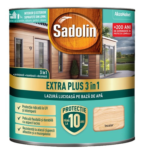 [P001005] Lazura lucioasa, Sadolin EXTRA PLUS 3in1, pentru lemn pe baza de de apa: incolor 0.75 L
