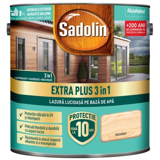 [P001006] Lazura lucioasa, Sadolin EXTRA PLUS 3in1, pentru lemn pe baza de de apa: incolor 2.5 l