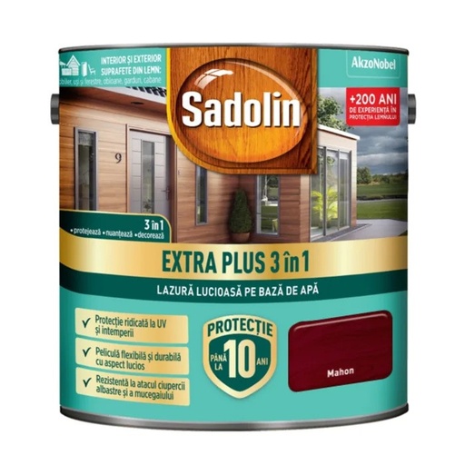 [P001008] Sadolin EXTRA PLUS 3în1 - lazura lucioasă pentru lemn pe bază de de apă: mahon 2.5 l