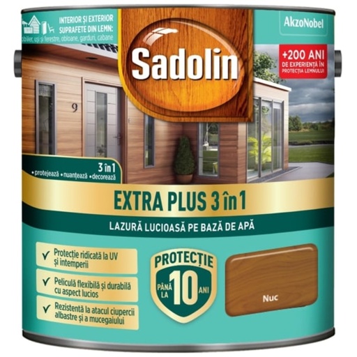 [P001010] Sadolin EXTRA PLUS 3în1 - lazura lucioasă pentru lemn pe bază de de apă, nuc 2.5 l