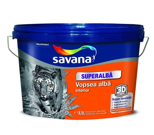 [P001407] Vopsea Savana superalbă superlavabilă pentru interior, 3D ACTIV cu rezistentă la mucegai, 8.5+1.5 l