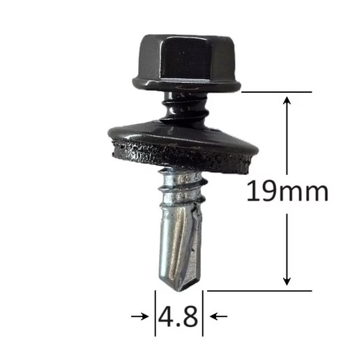 [P002441] Șurub autoforant cu cap HEX 4.8x19 mm, șaibă EPDM Ø14 mm, RAL 8019 prindere pe metal, 250 bucăți