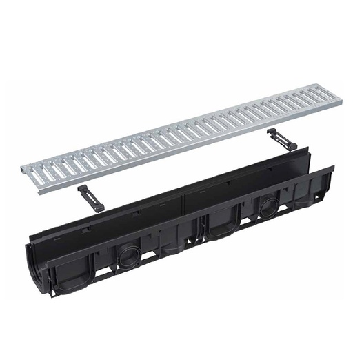 [P002451] Rigolă de exterior cu rama din plastic integrată și grătar profil C galvanizat, clasa A15, 1000x139x144 mm