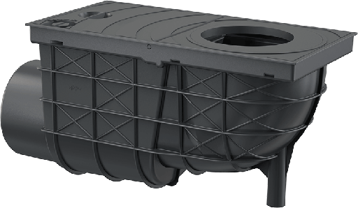 [P009839] Racord de burlan 300×155/110 mm cu clapetă şi coş de colectare cu ieşire laterală, negru